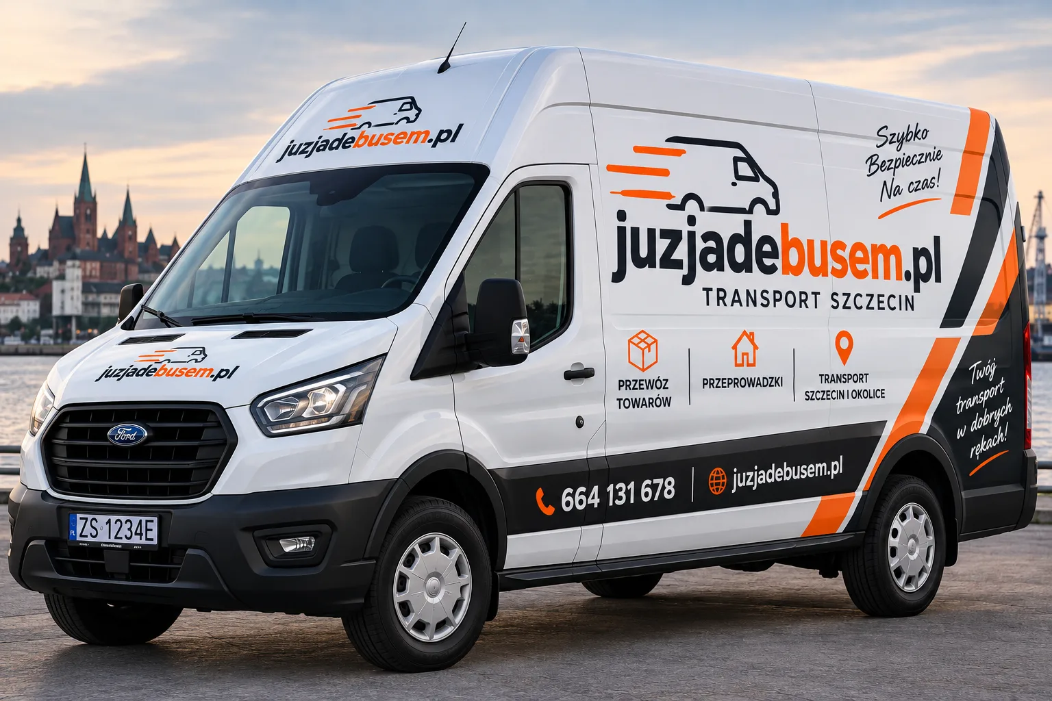 Grafika marki Już Jadę Busem: Ford Transit w pomarańczowo-czarnym oznakowaniu